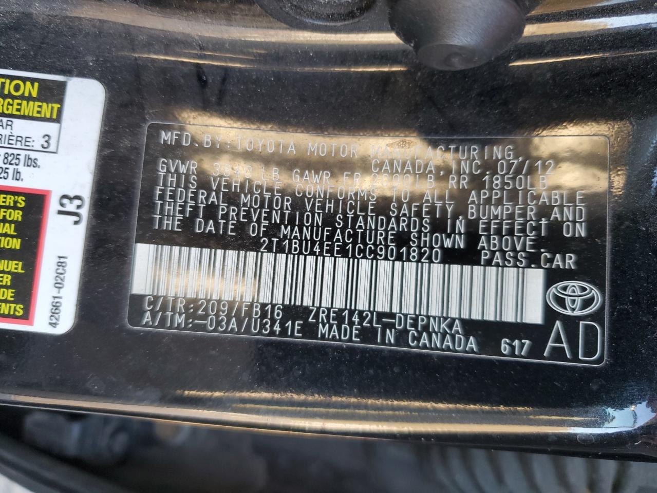 2012 Toyota Corolla VIN 2T1BU4EE1CC901820 Copart auction photo, all over damage thumbnail 12