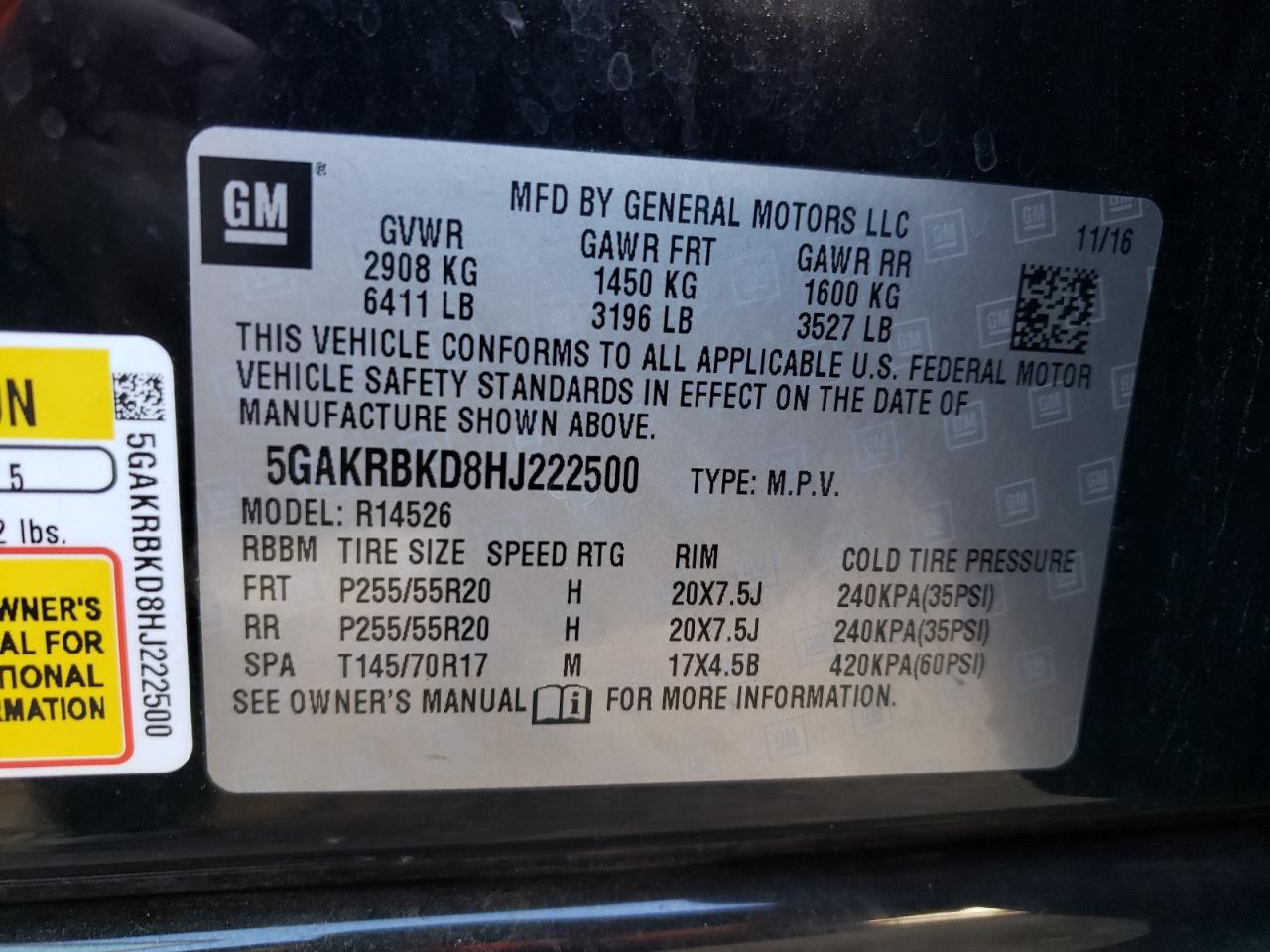 2017 Buick Enclave VIN 5GAKRBKD8HJ222500 Copart auction photo, rear end damage thumbnail 14