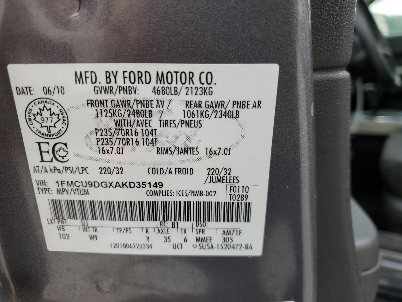 2010 Ford Escape VIN 1FMCU9DGXAKD35149 Copart auction photo, burn / front end damage thumbnail 13