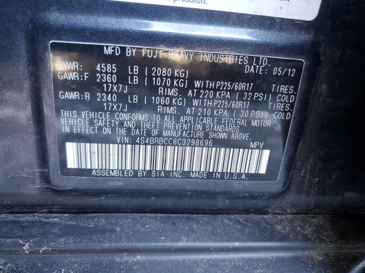 2012 Subaru Outback VIN 4S4BRBCC6C3298696 Copart auction photo, all over / side damage thumbnail 12