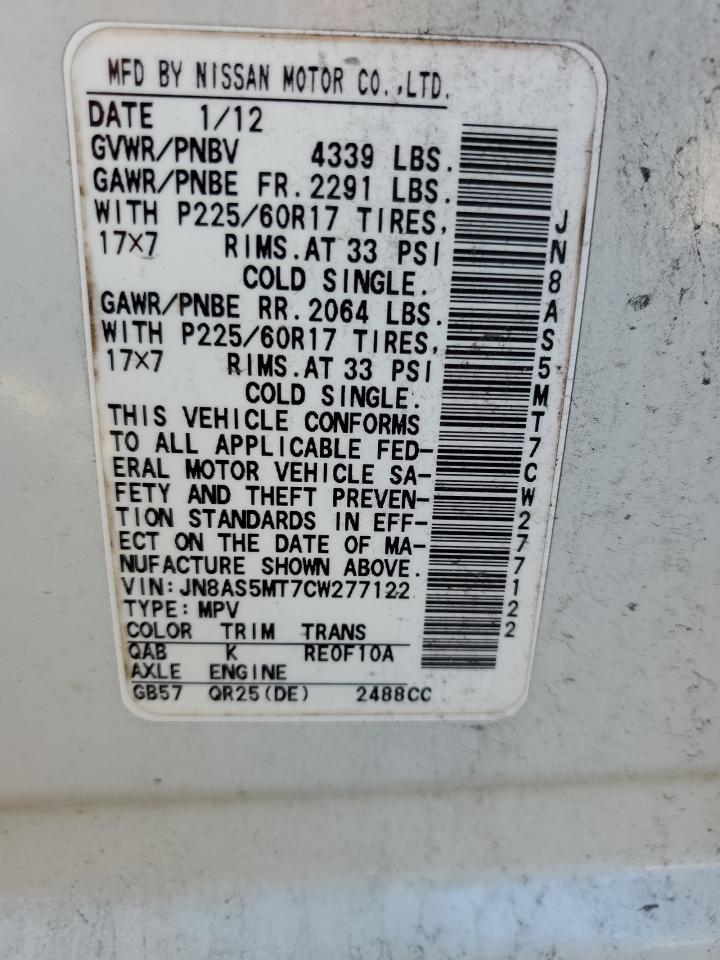 2012 Nissan Rogue VIN JN8AS5MT7CW277122 Copart auction photo, front end damage thumbnail 16