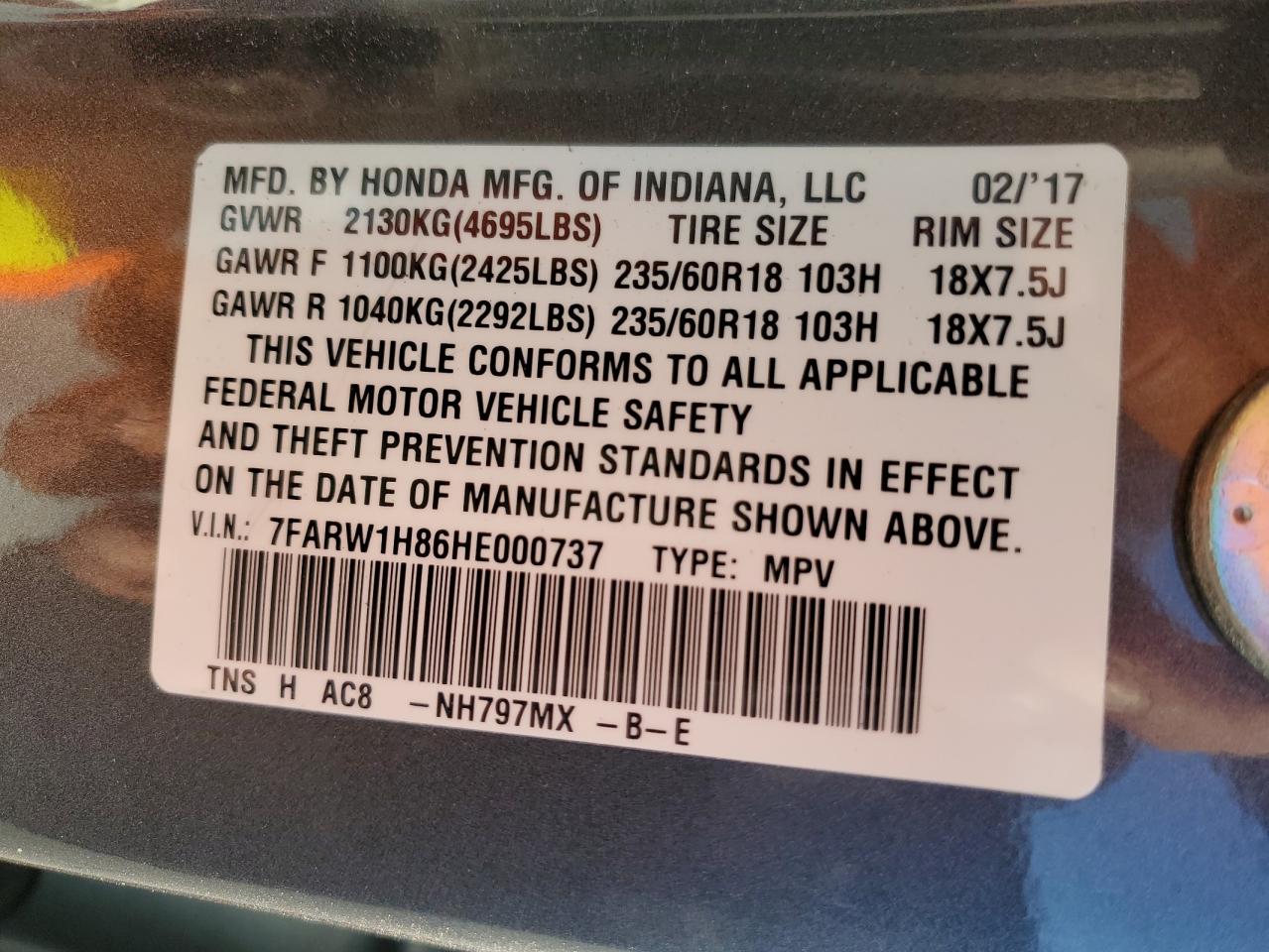 2017 Honda CR-V VIN 7FARW1H86HE000737 Copart auction photo, front end damage thumbnail 14