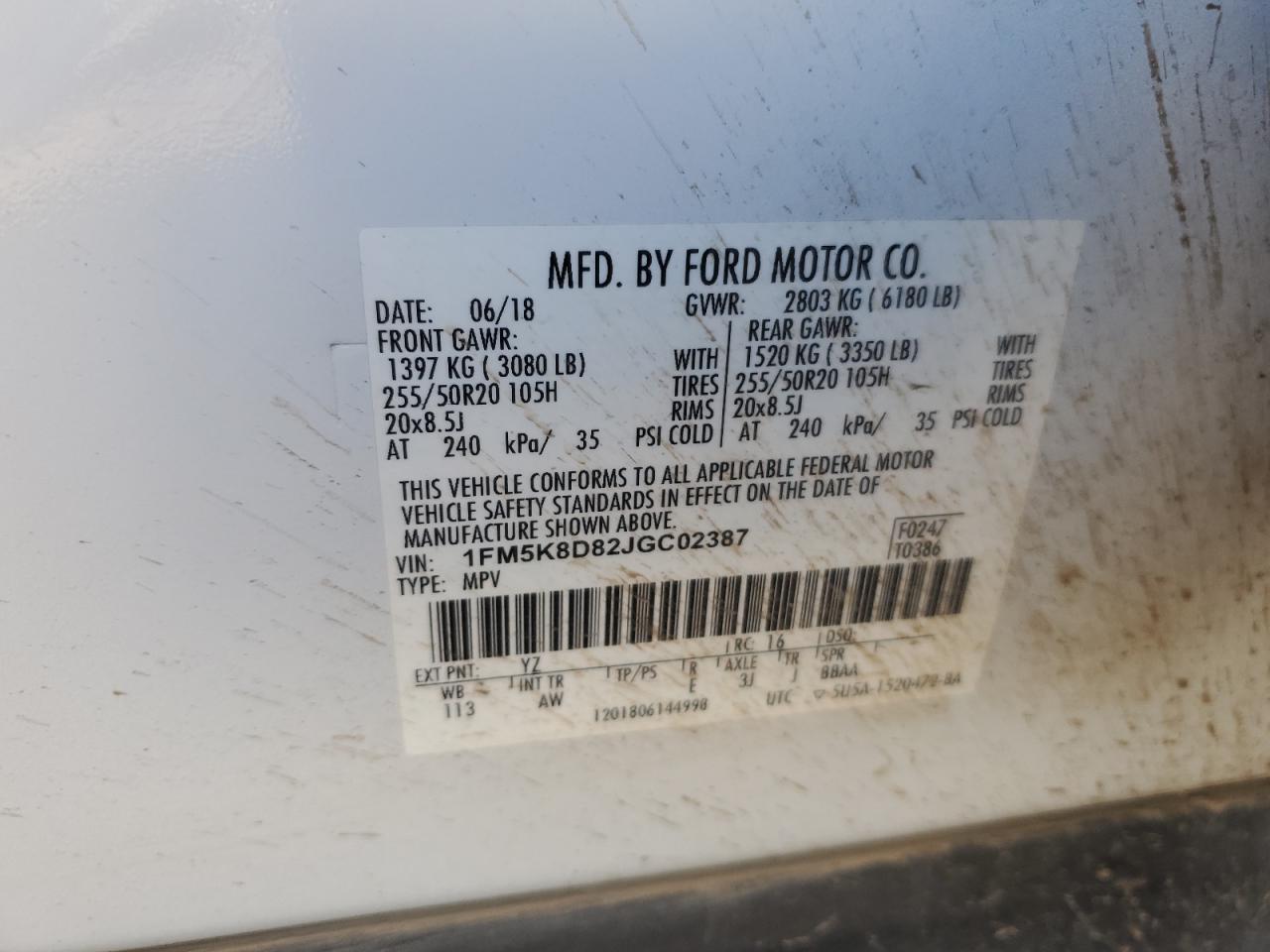 2018 Ford Explorer VIN 1FM5K8D82JGC02387 Copart auction photo, side damage thumbnail 15
