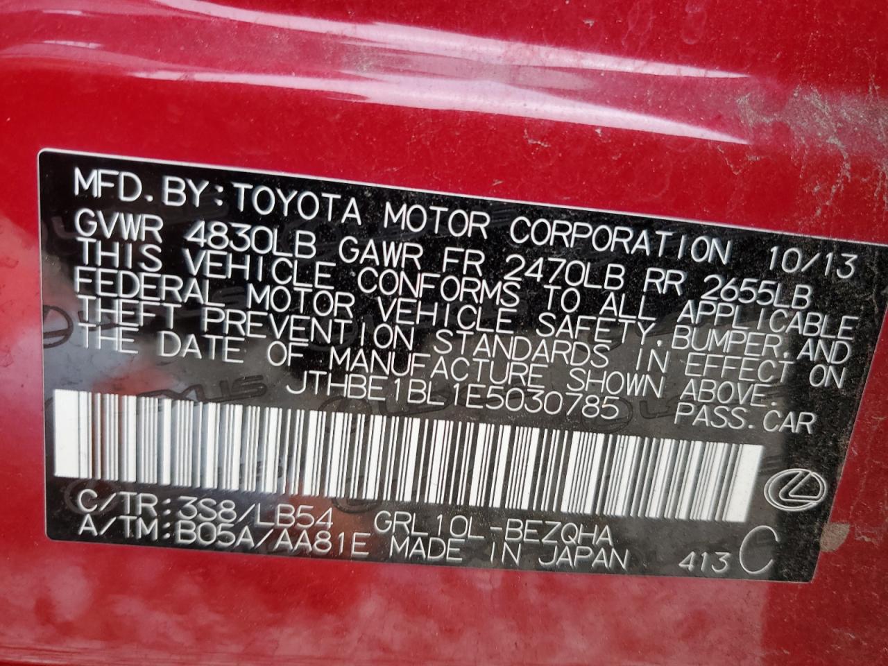 2014 Lexus GS VIN JTHBE1BL1E5030785 Copart auction photo, front end / side damage thumbnail 13