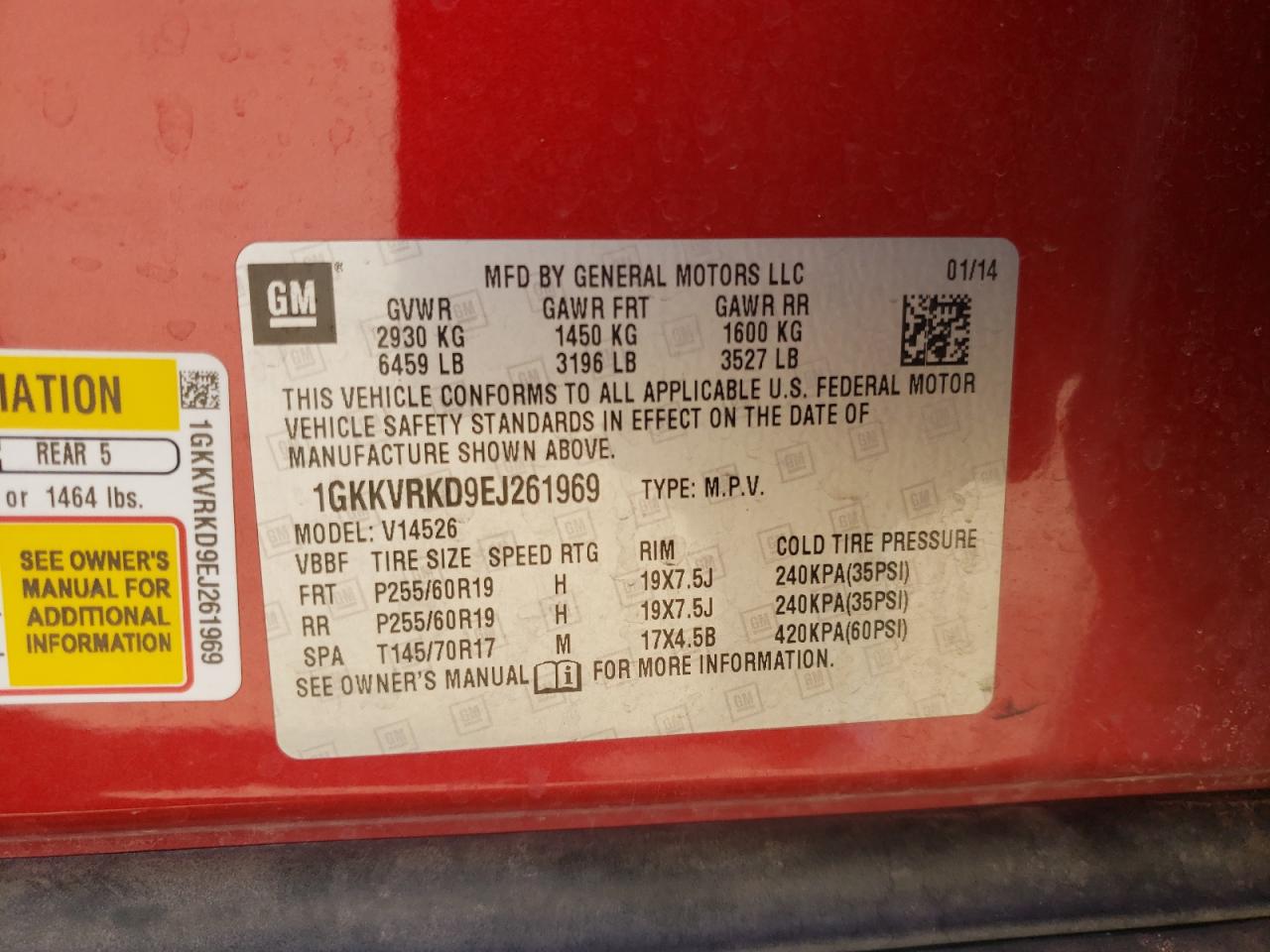 2014 GMC Acadia VIN 1GKKVRKD9EJ261969 Copart auction photo, front end damage thumbnail 13