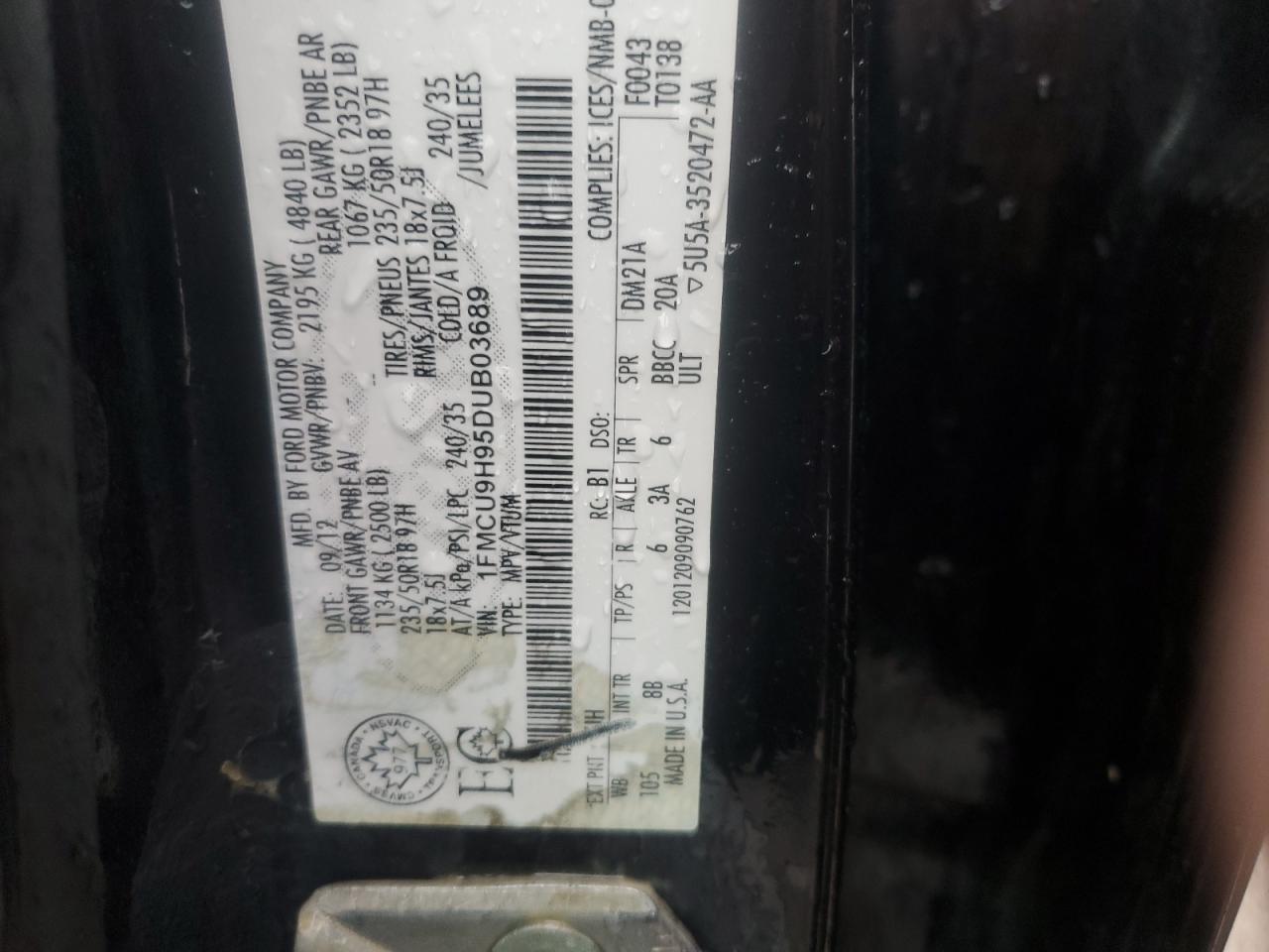 2013 Ford Escape VIN 1FMCU9H95DUB03689 Copart auction photo, normal wear damage thumbnail 13
