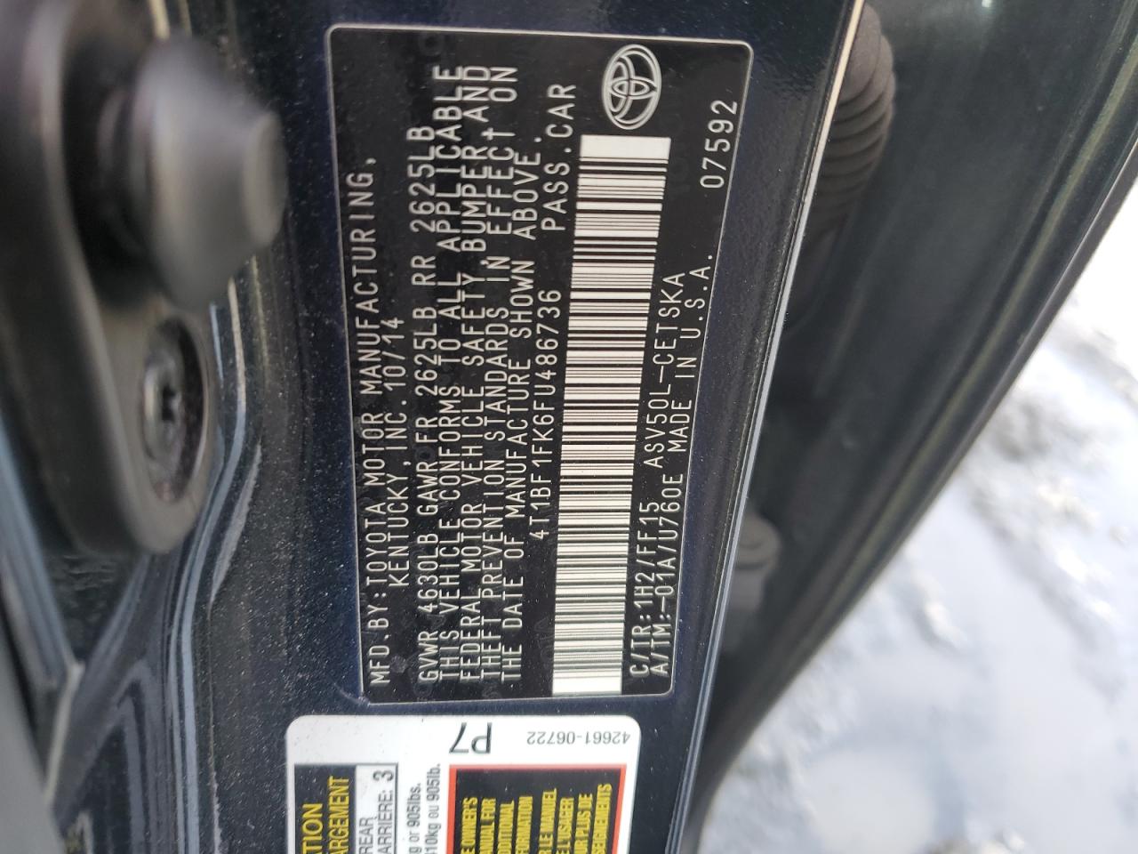 2015 Toyota Camry VIN 4T1BF1FK6FU486736 Copart auction photo, rear end damage thumbnail 13