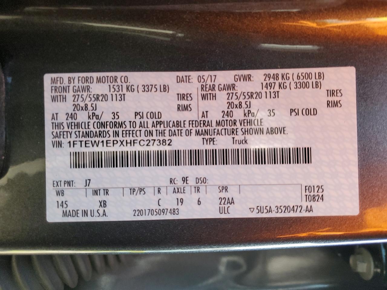 2017 Ford F-150 VIN 1FTEW1EPXHFC27382 Copart auction photo, front end / minor dent/scratches damage thumbnail 12