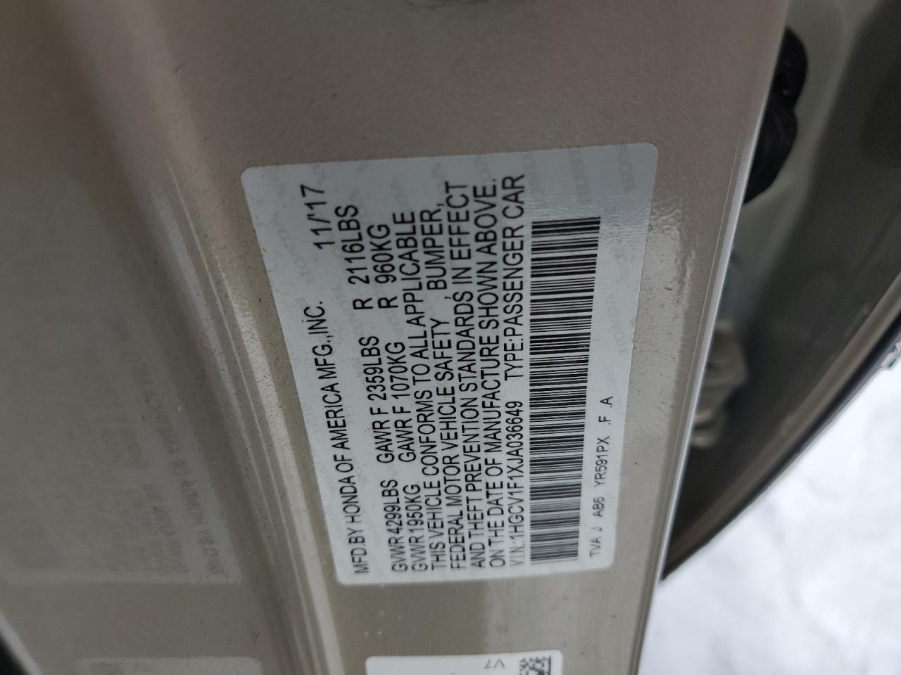 2018 Honda Accord VIN 1HGCV1F1XJA036649 Copart auction photo, front end damage thumbnail 13
