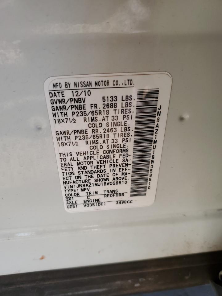 2011 Nissan Murano VIN JN8AZ1MU1BW058510 Copart auction photo, rear end damage thumbnail 15