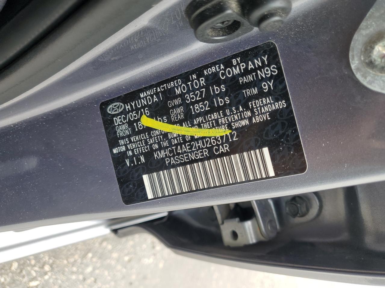 2017 Hyundai Accent VIN KMHCT4AE2HU263712 Copart auction photo, water/flood damage thumbnail 12