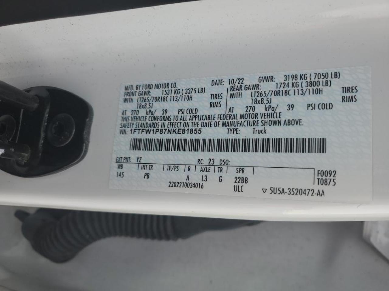 2022 Ford F-150 VIN 1FTFW1P87NKE81855 Copart auction photo, side / front end damage thumbnail 12