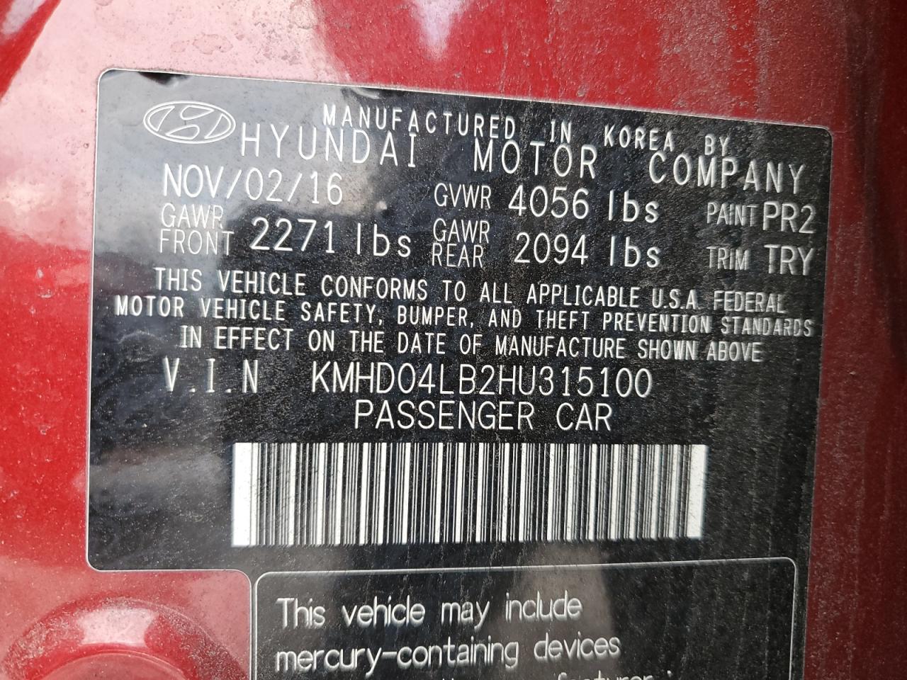 2017 Hyundai Elantra VIN KMHD04LB2HU315100 Copart auction photo, front end damage thumbnail 13