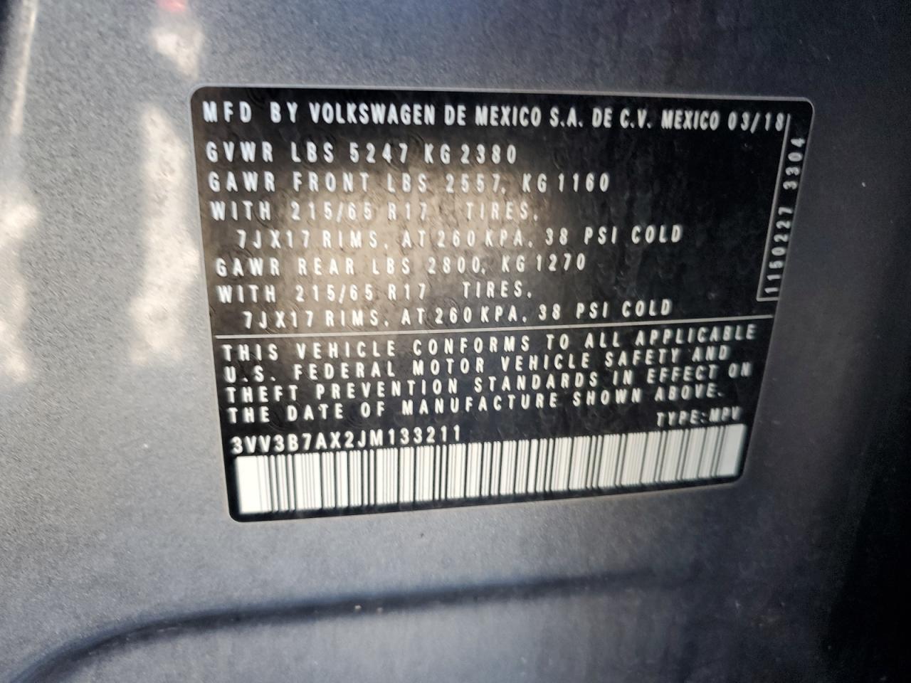 2018 Volkswagen Tiguan VIN 3VV3B7AX2JM133211 Copart auction photo, front end / side damage thumbnail 13