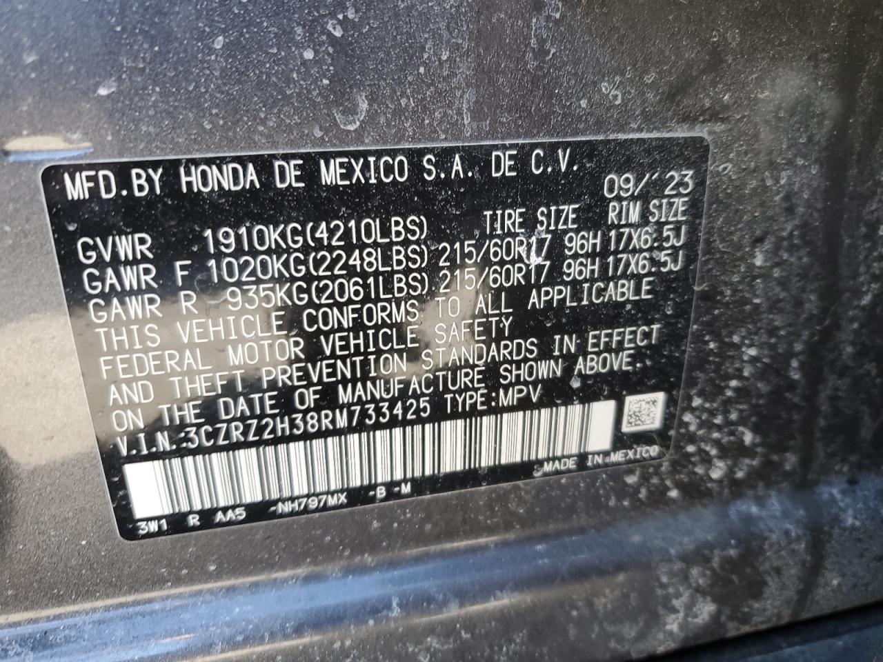2024 Honda HR-V VIN 3CZRZ2H38RM733425 Copart auction photo, undercarriage / front end damage thumbnail 13