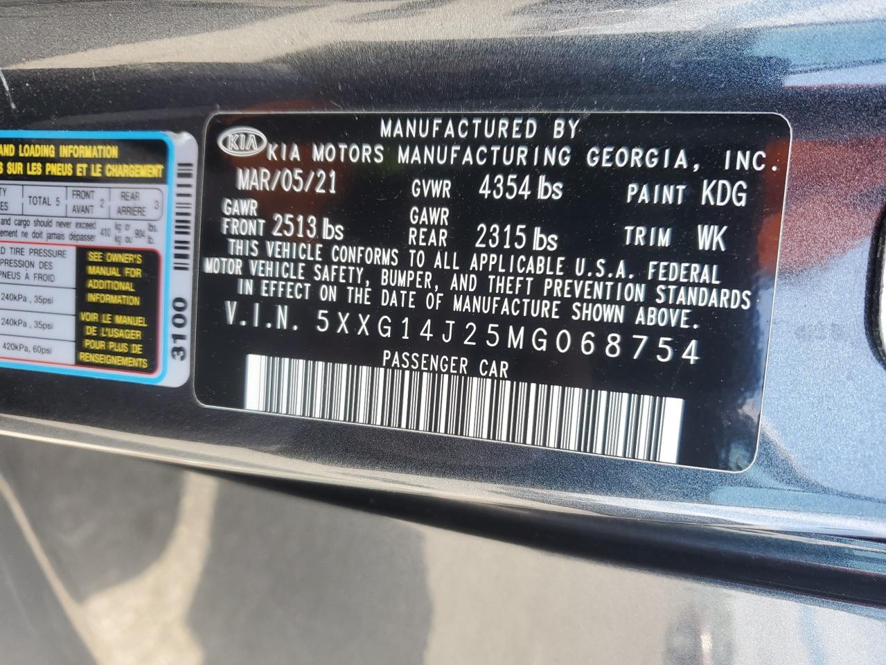 2021 KIA K5 VIN 5XXG14J25MG068754 Copart auction photo, front end damage thumbnail 12