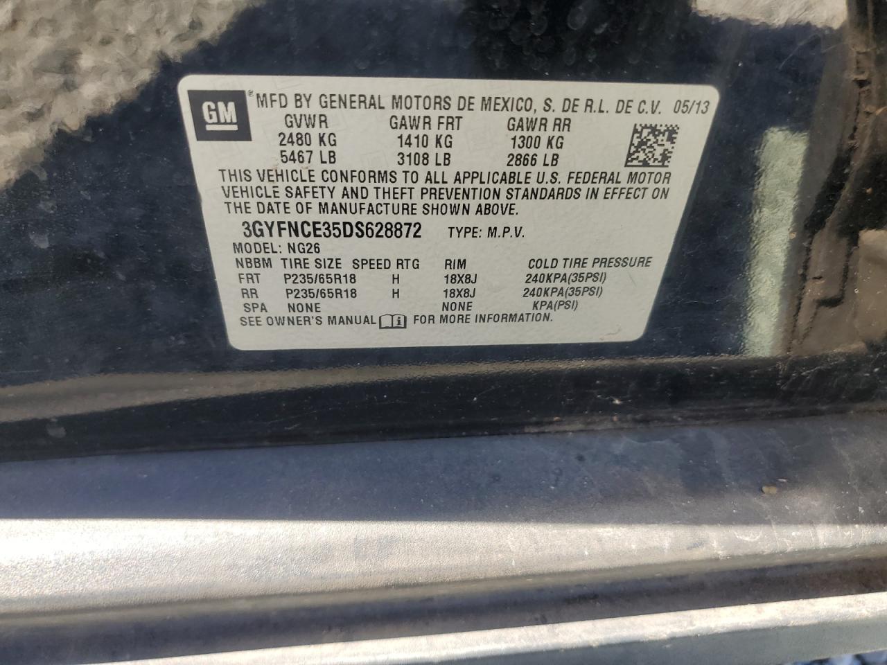 2013 Cadillac SRX VIN 3GYFNCE35DS628872 Copart auction photo, water/flood / front end damage thumbnail 14