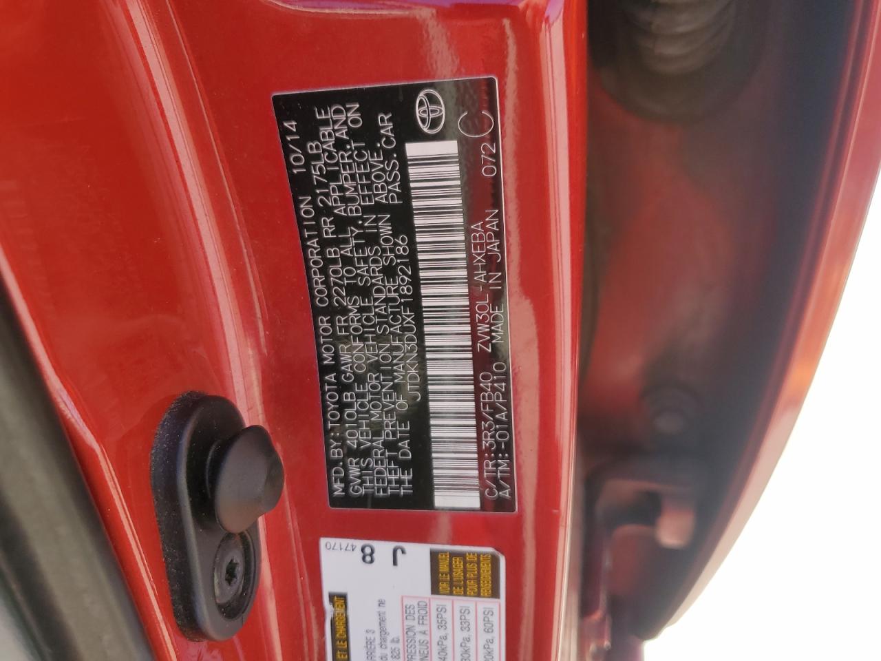 2015 Toyota Prius VIN JTDKN3DUXF1892186 Copart auction photo, all over damage thumbnail 12
