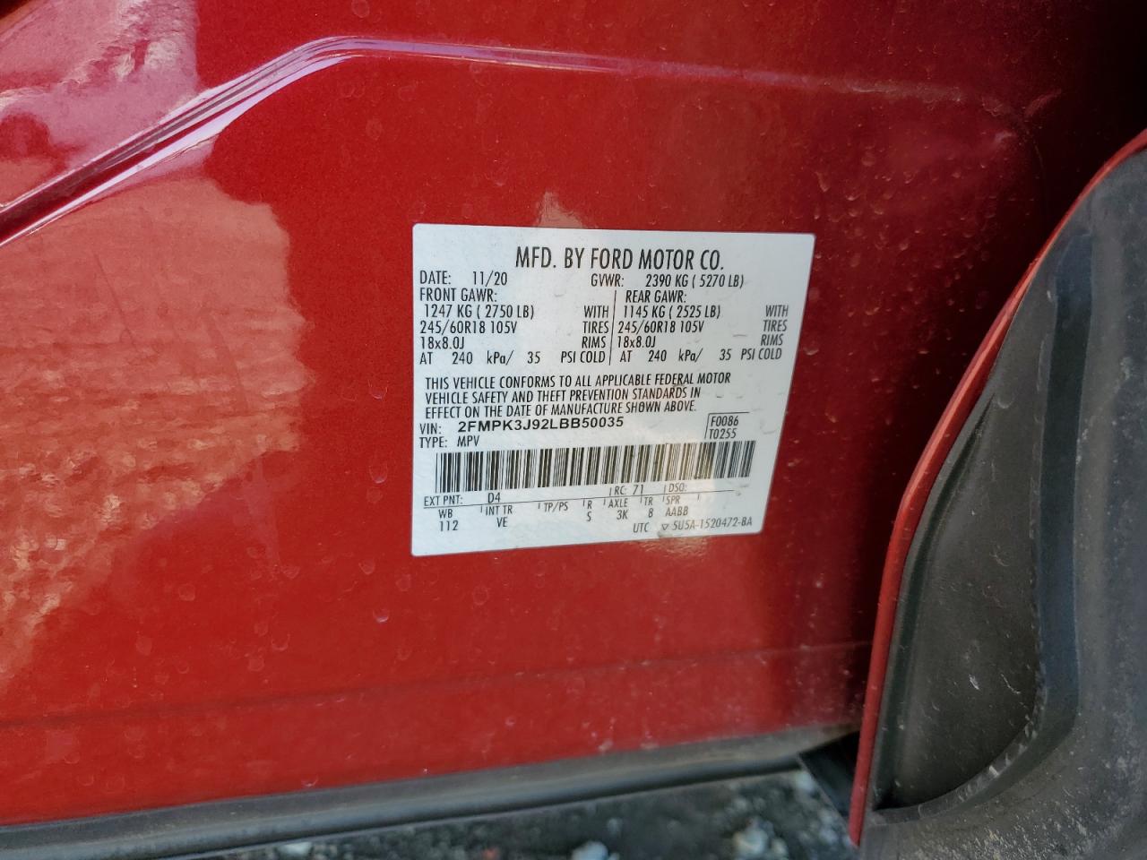 2020 Ford Edge VIN 2FMPK3J92LBB50035 Copart auction photo, front end damage thumbnail 15