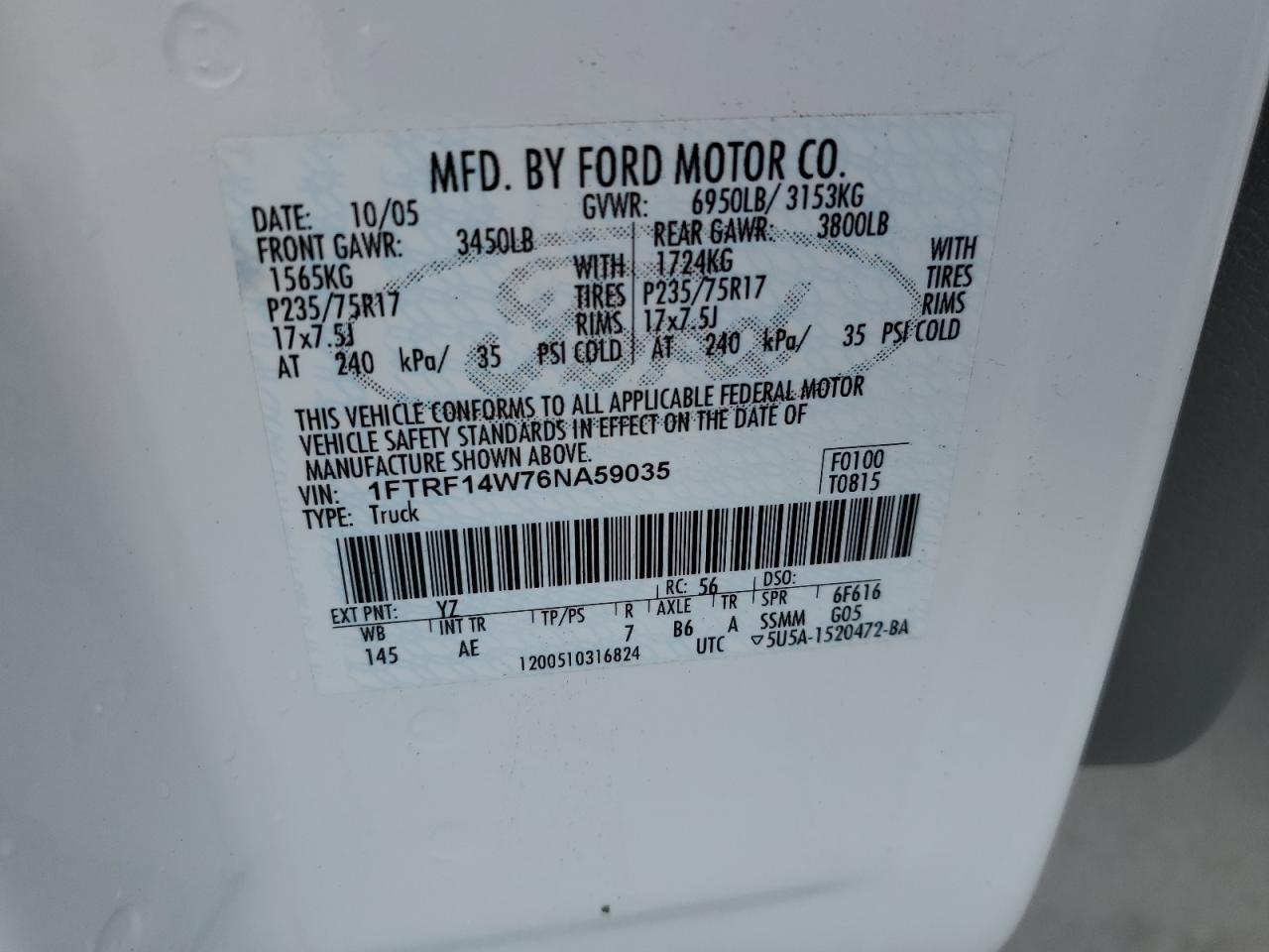 2006 Ford F-150 VIN 1FTRF14W76NA59035 Copart auction photo, rear end damage thumbnail 12