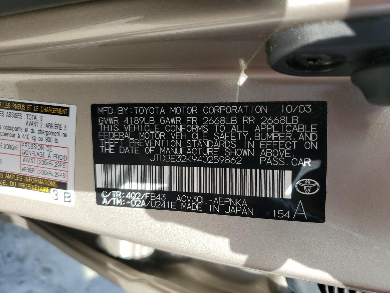 2004 Toyota Camry VIN JTDBE32K940259862 Copart auction photo, front end damage thumbnail 14