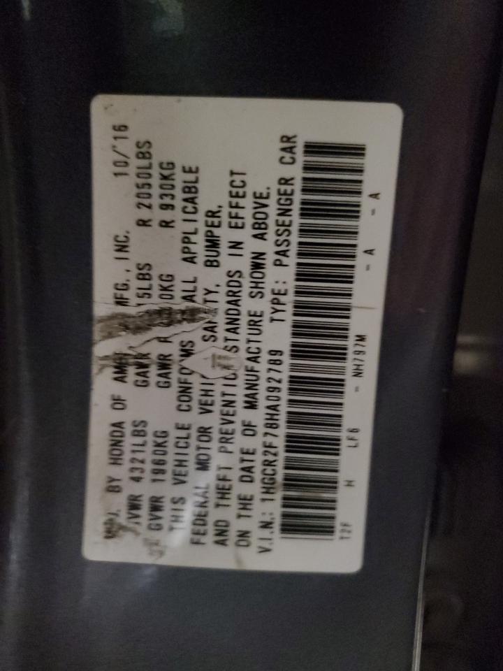 2017 Honda Accord VIN 1HGCR2F78HA092789 Copart auction photo, front end / minor dent/scratches damage thumbnail 12