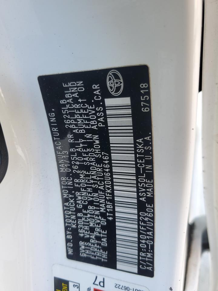 2013 Toyota Camry VIN 4T1BF1FKXDU646467 Copart auction photo, front end / side damage thumbnail 15