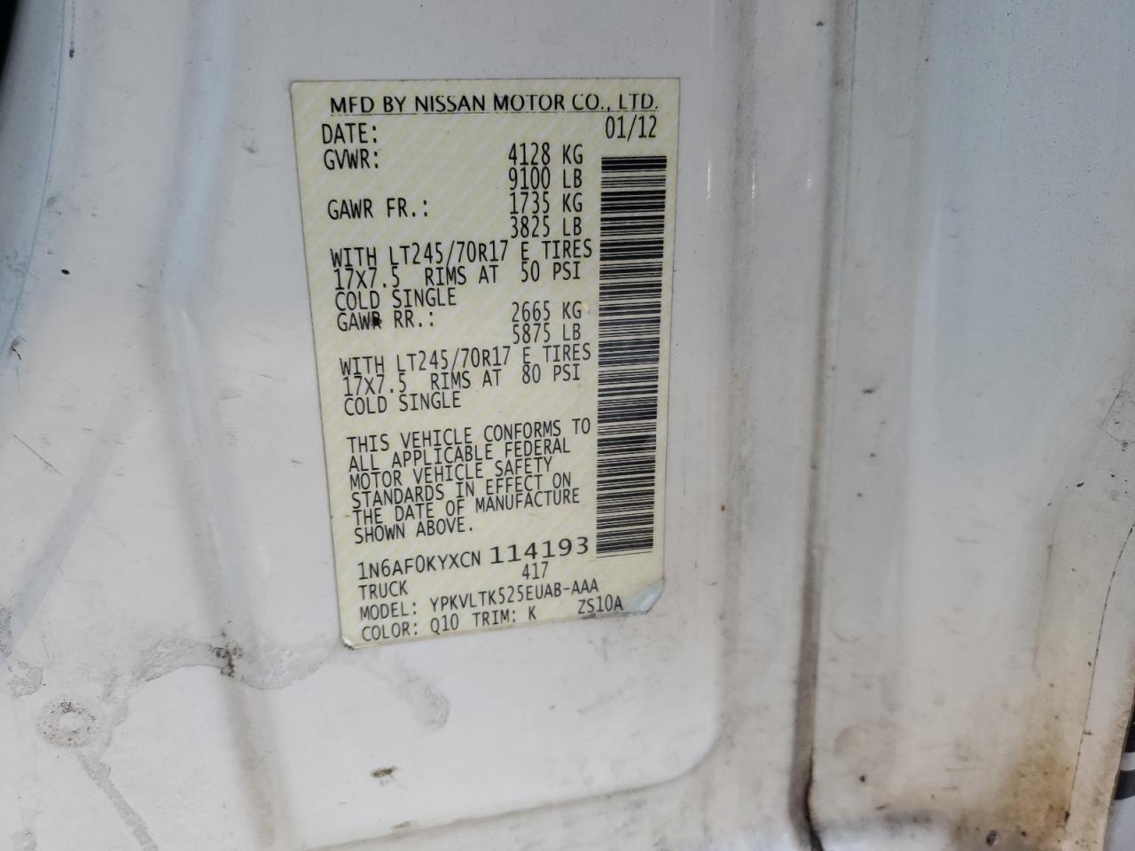 2012 Nissan NV VIN 1N6AF0KYXCN114193 Copart auction photo, front end damage thumbnail 13