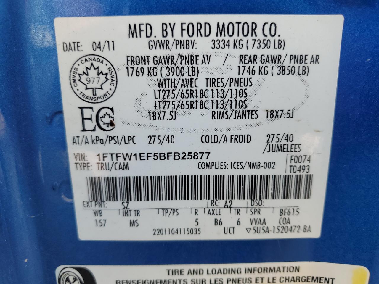 2011 Ford F-150 VIN 1FTFW1EF5BFB25877 Copart auction photo, front end / side damage thumbnail 12
