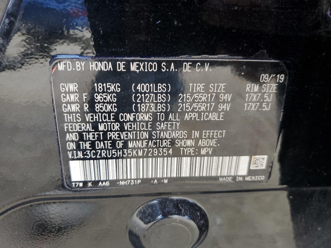 2019 Honda HR-V VIN 3CZRU5H35KM729354 Copart auction photo, water/flood damage thumbnail 14