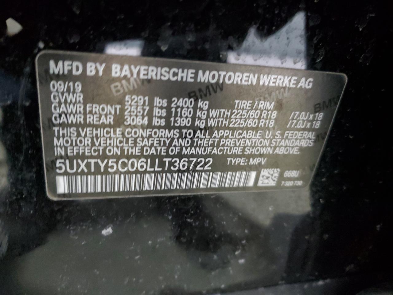 2020 BMW X3 VIN 5UXTY5C06LLT36722 Copart auction photo, front end damage thumbnail 14