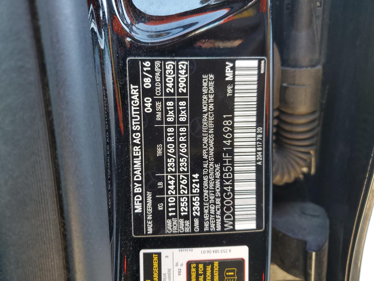 2017 Mercedes-Benz GLC VIN WDC0G4KB5HF146981 Copart auction photo, front end damage thumbnail 14
