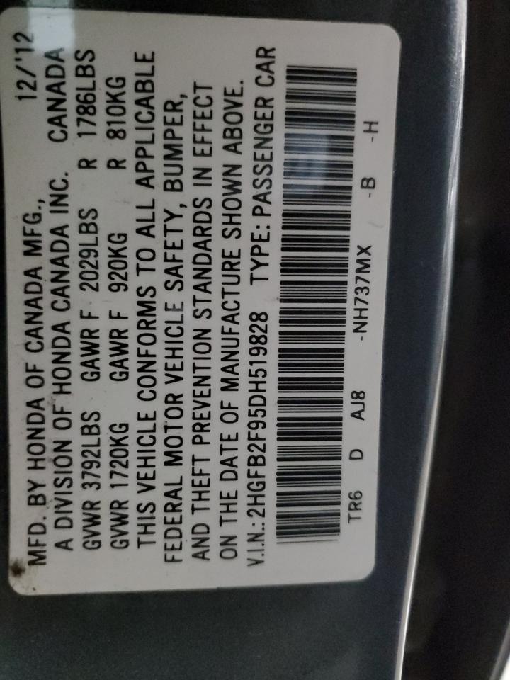 2013 Honda Civic VIN 2HGFB2F95DH519828 Copart auction photo, front end / side damage thumbnail 12