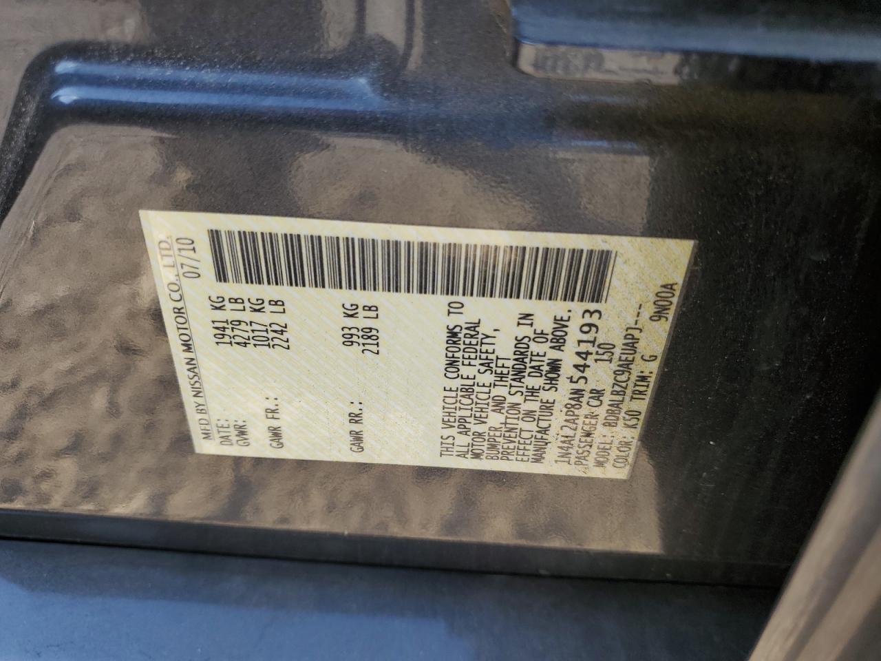 2010 Nissan Altima VIN 1N4AL2AP8AN544193 Copart auction photo, front end damage thumbnail 14
