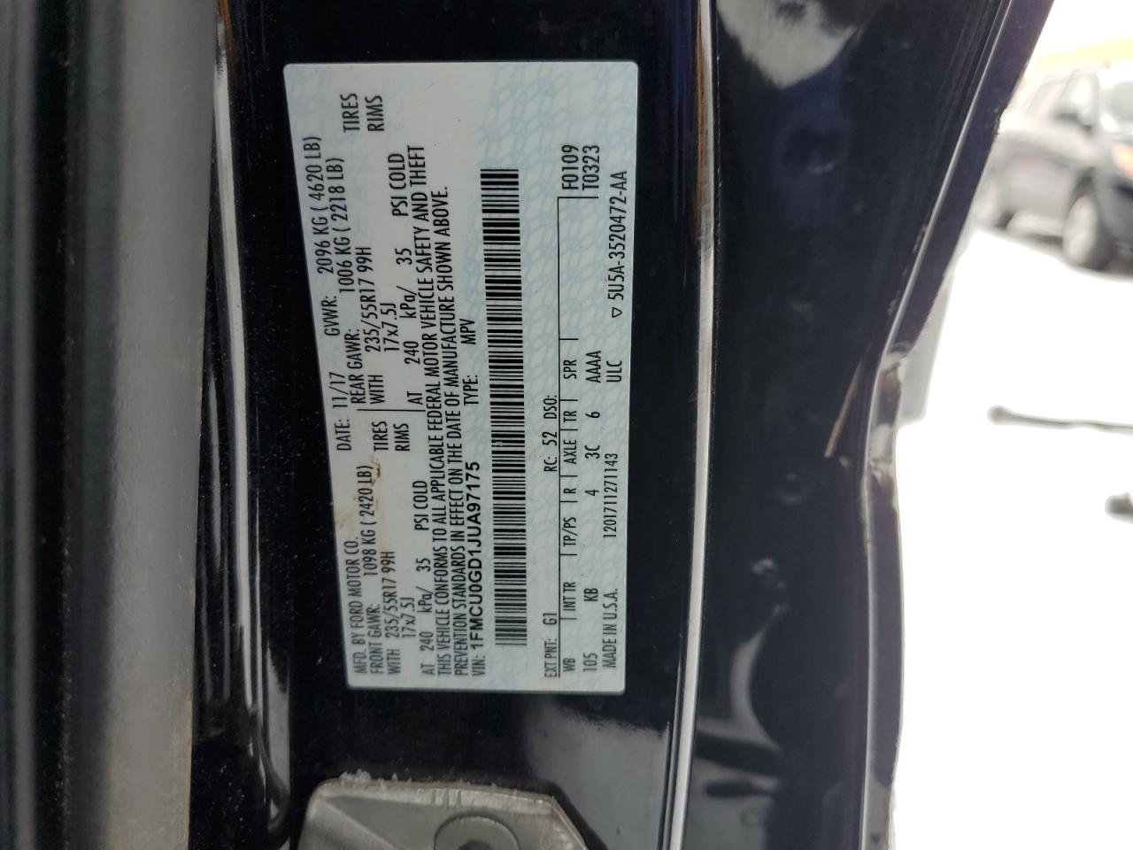 2018 Ford Escape VIN 1FMCU0GD1JUA97175 Copart auction photo, side / front end damage thumbnail 14