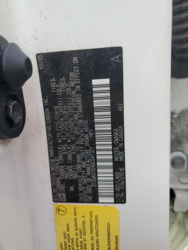2006 Lexus RX VIN 2T2GA31U46C047377 Copart auction photo, water/flood damage thumbnail 14