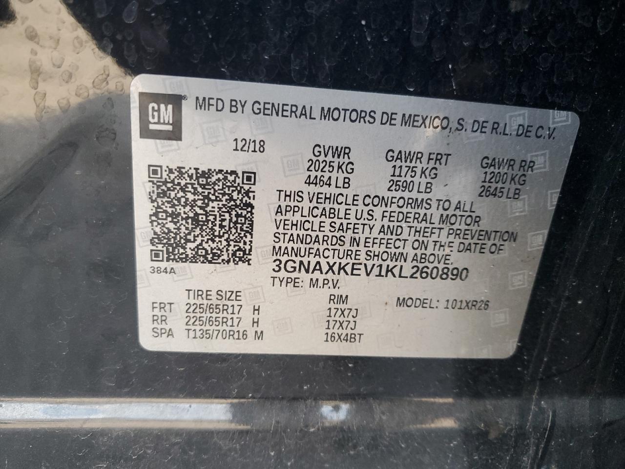 2019 Chevrolet Equinox VIN 3GNAXKEV1KL260890 Copart auction photo, rear end / front end damage thumbnail 15