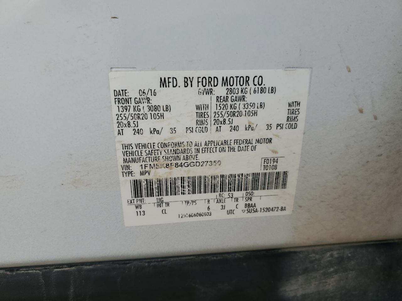 2016 Ford Explorer VIN 1FM5K8F84GGD27350 Copart auction photo, front end damage thumbnail 13
