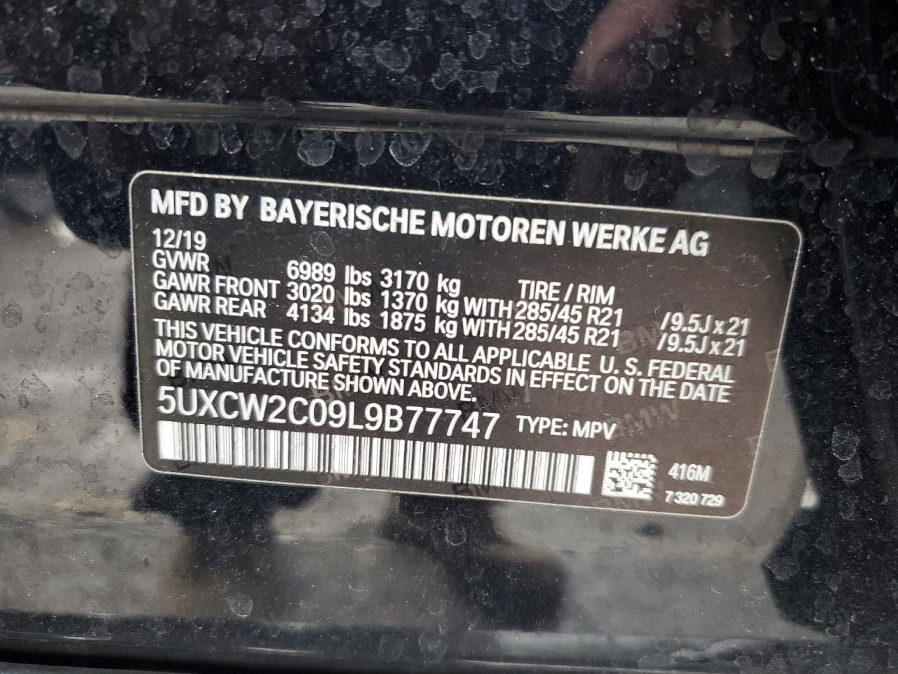 2020 BMW X7 VIN 5UXCW2C09L9B77747 Copart auction photo, front end / side damage thumbnail 14