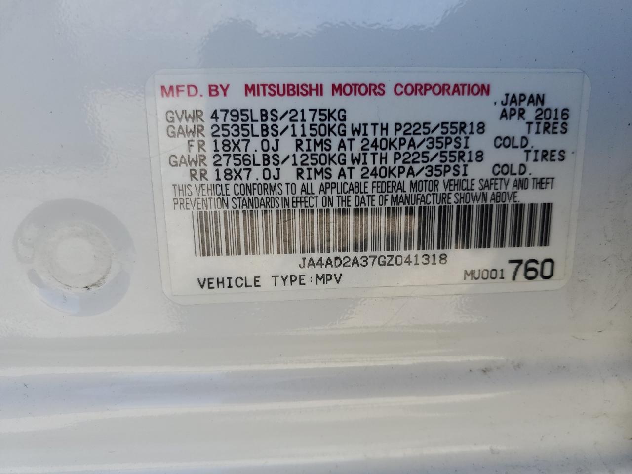 2016 Mitsubishi Outlander VIN JA4AD2A37GZ041318 Copart auction photo, all over damage thumbnail 13