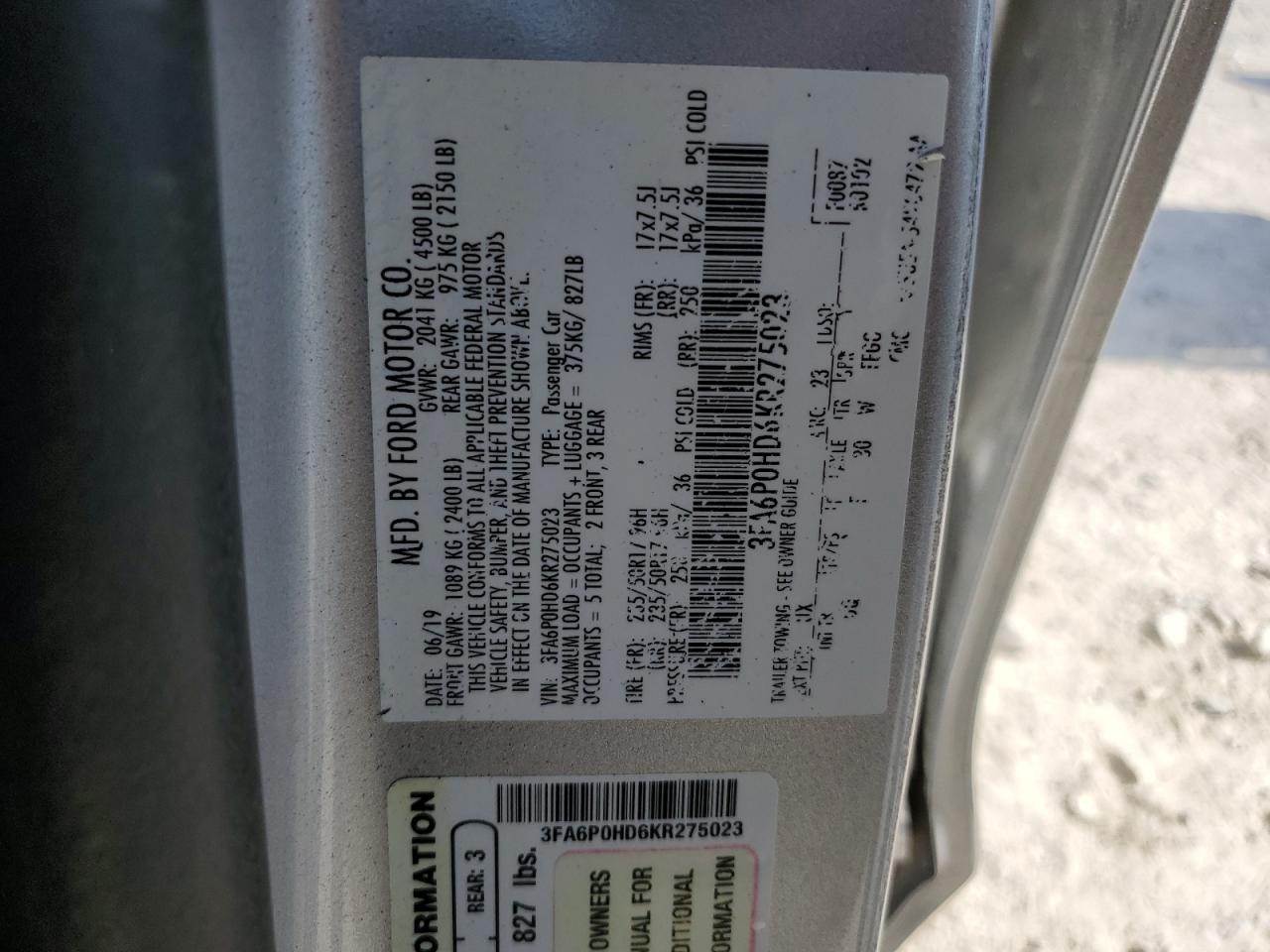 2019 Ford Fusion VIN 3FA6P0HD6KR275023 Copart auction photo, side / front end damage thumbnail 13