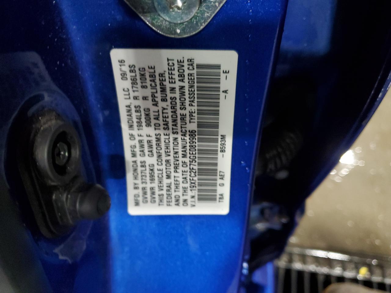 2016 Honda Civic VIN 19XFC2F75GE089986 Copart auction photo, side damage thumbnail 12