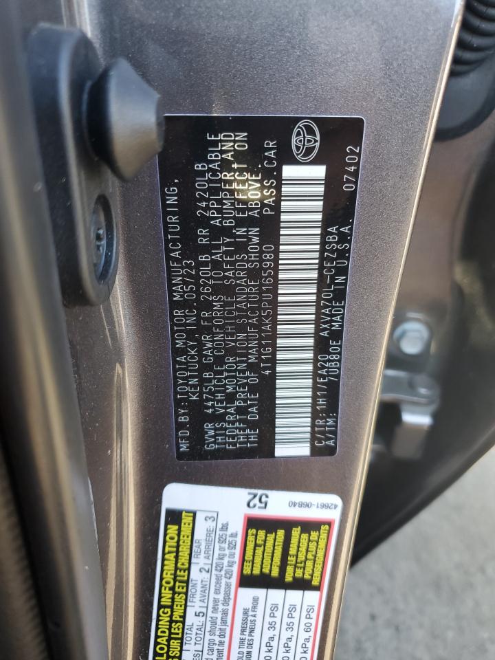 2023 Toyota Camry VIN 4T1G11AK5PU165980 Copart auction photo, side / stripped damage thumbnail 12