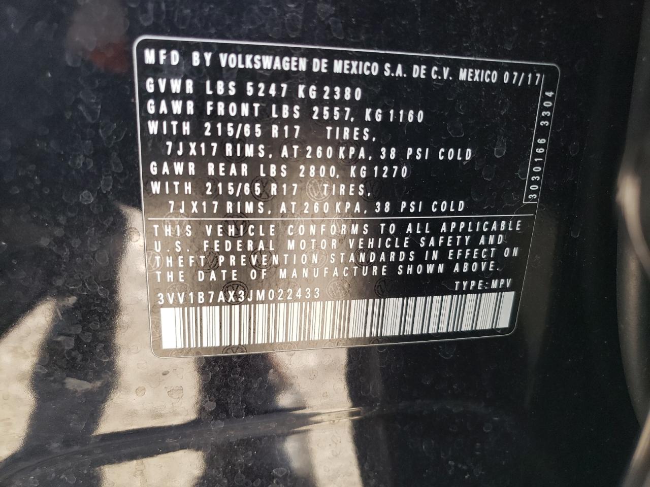 2018 Volkswagen Tiguan VIN 3VV1B7AX3JM022433 Copart auction photo, front end damage thumbnail 15
