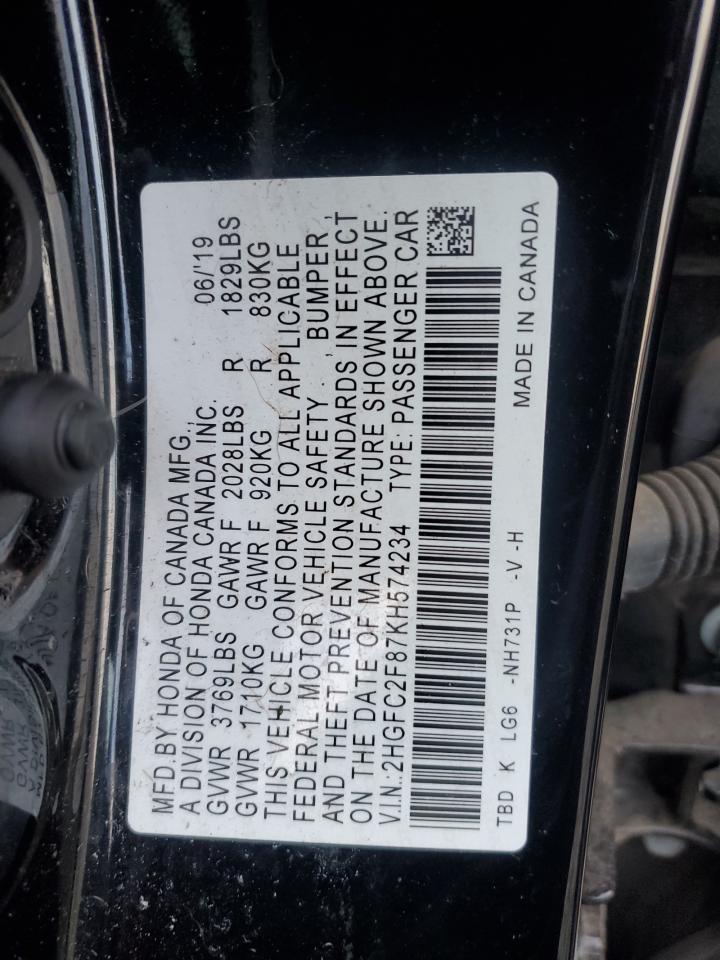 2019 Honda Civic VIN 2HGFC2F87KH574234 Copart auction photo, side / rear end damage thumbnail 14