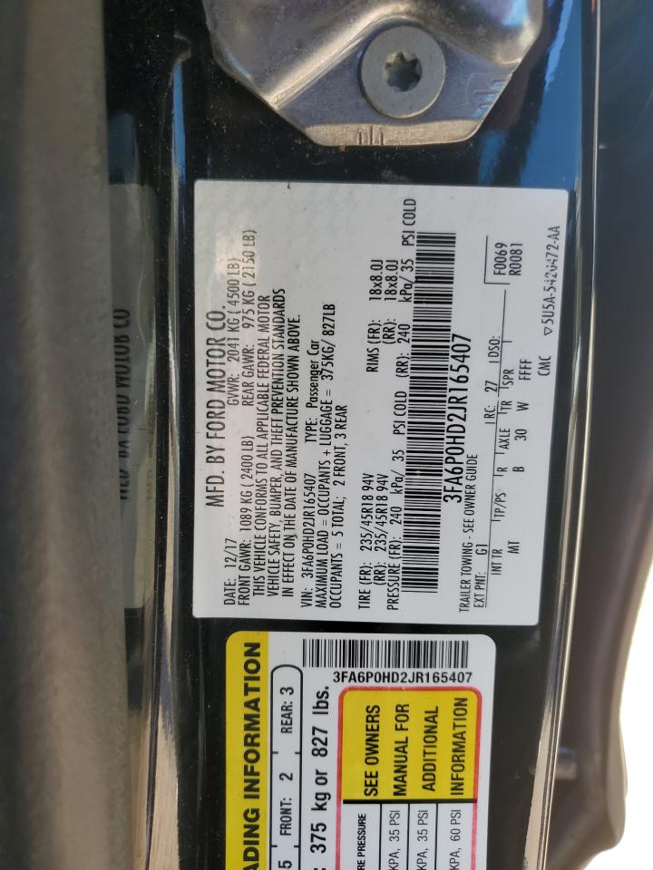 2018 Ford Fusion VIN 3FA6P0HD2JR165407 Copart auction photo, rear end damage thumbnail 12