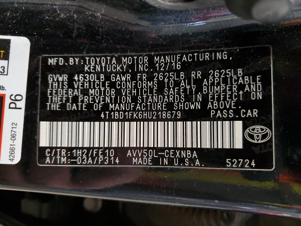 2017 Toyota Camry VIN 4T1BD1FK6HU218679 Copart auction photo, front end damage thumbnail 13