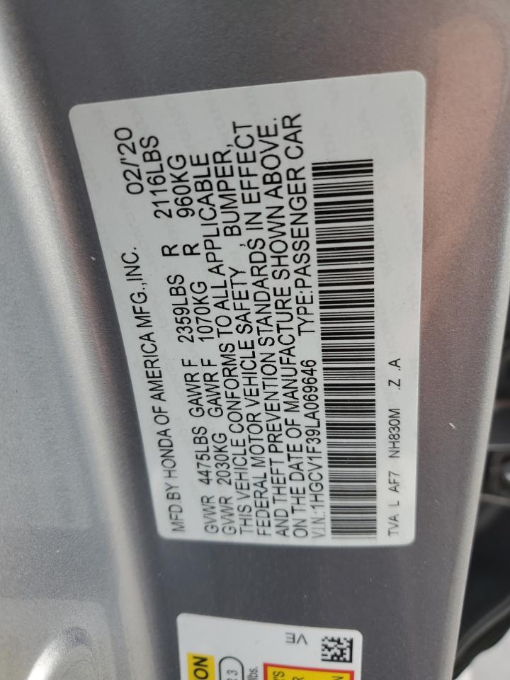 2020 Honda Accord VIN 1HGCV1F39LA069646 Copart auction photo, all over damage thumbnail 14