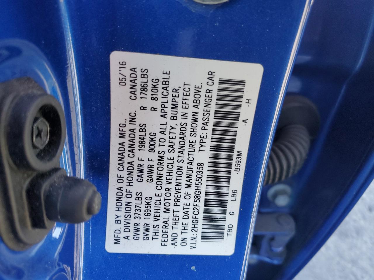 2016 Honda Civic VIN 2HGFC2F58GH550358 Copart auction photo, all over damage thumbnail 14