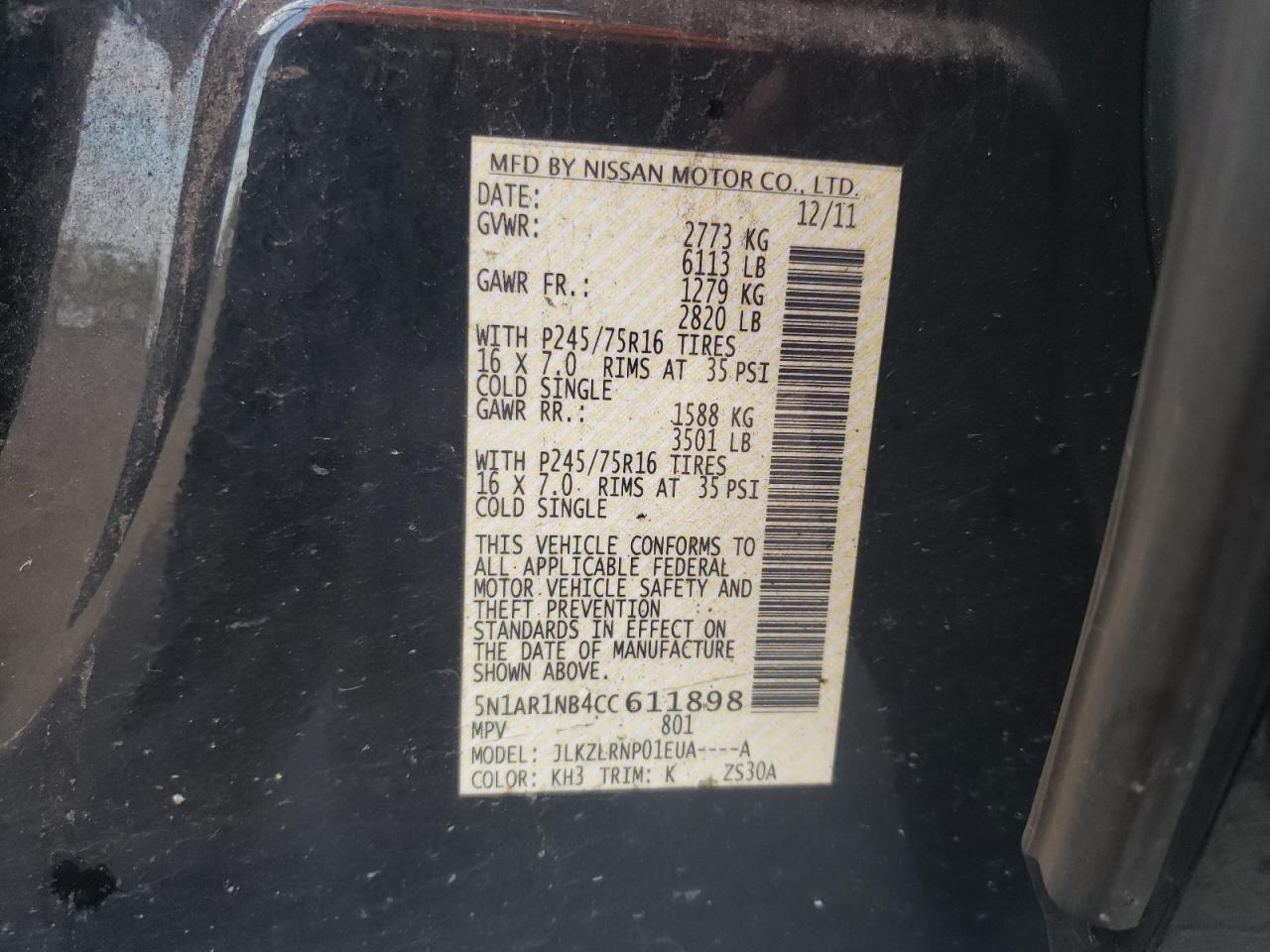 2012 Nissan Pathfinder VIN 5N1AR1NB4CC611898 Copart auction photo, front end damage thumbnail 14